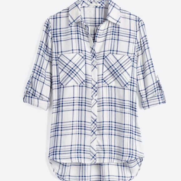 Laju Two Pocket Button Down Size M NWOT Blue & Ivory Plaid - Picture 1 of 3